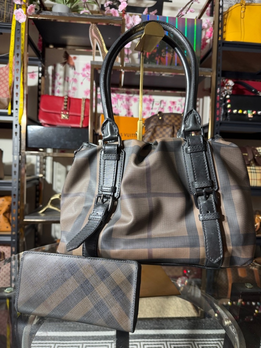 Burberry Brown Plaid Satchel with Matching Wallet